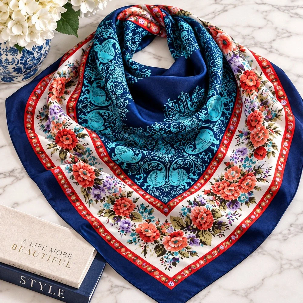 Vintage Silk Twill Square Scarf Navy Red Peacock Floral 30x30 Hand Rolled Edge